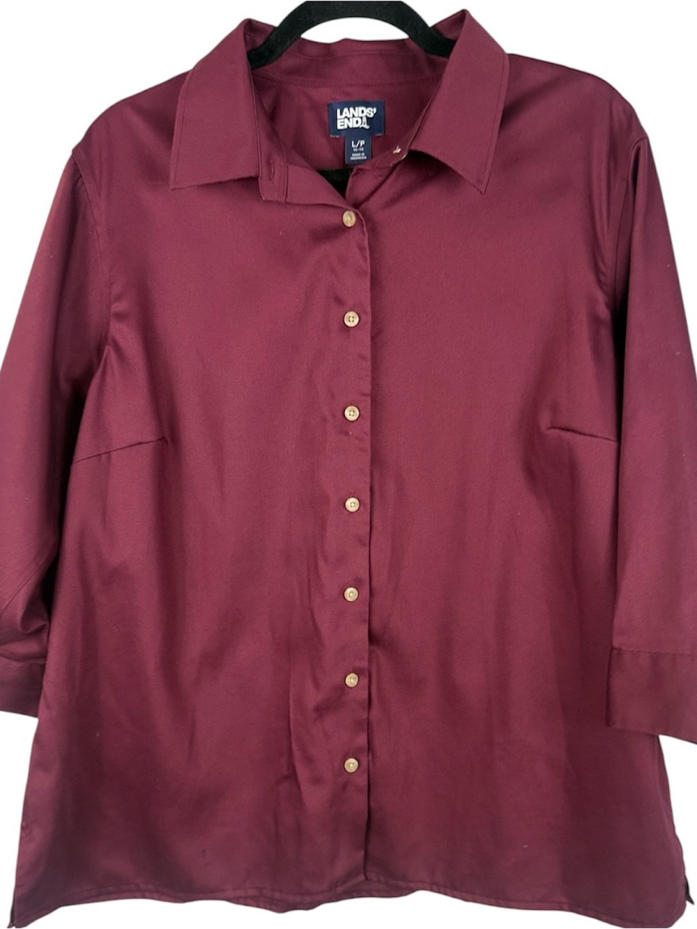 Lands' End Burgundy 100% Cotton 3/4 Sleeve Button Down Shirt - Size L/P